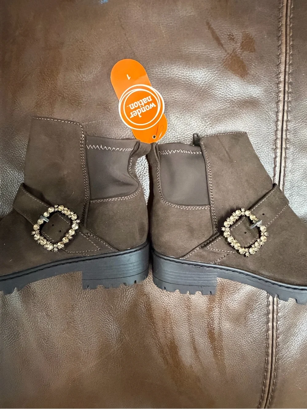 Kids Brown Suede Ankle Boots with Side Zipper & rhinestone buckle NWT Sz 1   122